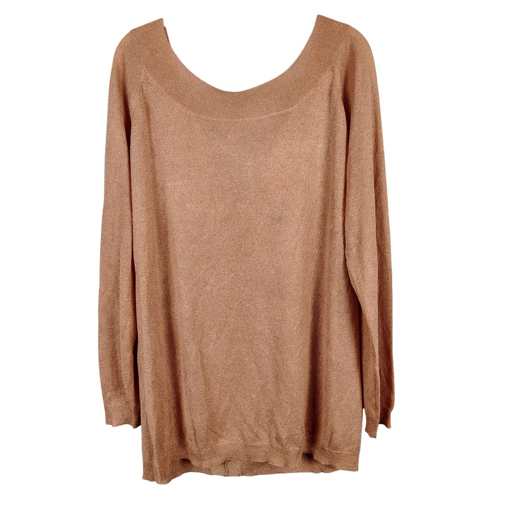 H by Halston Womens 1X Metallic Rose Gold V-Back Knit Sweater Shimmer Glam Retro